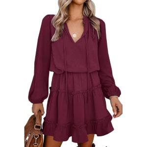 BTFBM Long Sleeve Fall Dresses for Women 2025 Summer Casual Tie Neck Ruffle Tiered A Line Wedding Guest Short Mini Dress(Dot Wine Red)