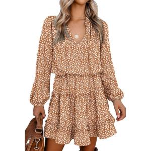 BTFBM Long Sleeve Fall Dresses for Women 2025 Summer Casual Tie Neck Ruffle Tiered A Line Wedding Guest Short Mini Dress(Leopard Coffee)