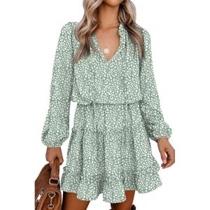 BTFBM Long Sleeve Fall Dresses for Women 2025 Summer Casual Tie Neck Ruffle Tiered A Line Wedding Guest Short Mini Dress(Leopard Light Green)