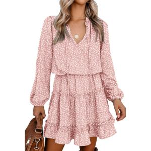 BTFBM Long Sleeve Fall Dresses for Women 2025 Summer Casual Tie Neck Ruffle Tiered A Line Wedding Guest Short Mini Dress(Leopard Pink)