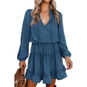 BTFBM Long Sleeve Fall Dresses for Women 2025 Summer Casual Tie Neck Ruffle Tiered A Line Wedding Guest Short Mini Dress(Long Sleeve Dark Blue)
