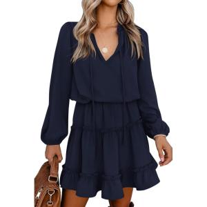 BTFBM Long Sleeve Fall Dresses for Women 2025 Summer Casual Tie Neck Ruffle Tiered A Line Wedding Guest Short Mini Dress(Long Sleeve Navy)