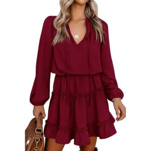 BTFBM Long Sleeve Fall Dresses for Women 2025 Summer Casual Tie Neck Ruffle Tiered A Line Wedding Guest Short Mini Dress(Long Sleeve Red)