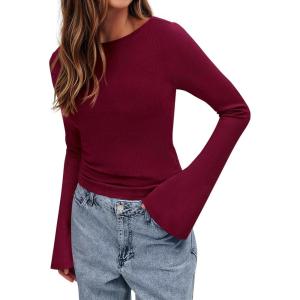 BTFBM Long Sleeve Shirts for Women 2026 Spring Y2K Clothes Casual Boat Neck Bell Sleeve Fitted Fall Going Out Tops(Burgundy)
