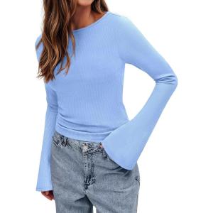 BTFBM Long Sleeve Shirts for Women 2026 Spring Y2K Clothes Casual Boat Neck Bell Sleeve Fitted Fall Going Out Tops(Light Blue)