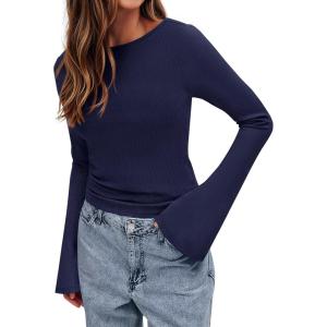BTFBM Long Sleeve Shirts for Women 2026 Spring Y2K Clothes Casual Boat Neck Bell Sleeve Fitted Fall Going Out Tops(Navy Blue)