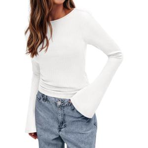 BTFBM Long Sleeve Shirts for Women 2026 Spring Y2K Clothes Casual Boat Neck Bell Sleeve Fitted Fall Going Out Tops(White)