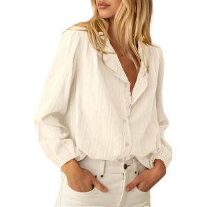 BTFBM Long Sleeve Shirts for Women Trendy Ruffle Tops Lightweight Button Down Shirt Loose Spring Blouses 2026(Beige White)