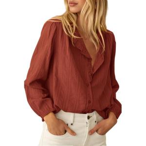BTFBM Long Sleeve Shirts for Women Trendy Ruffle Tops Lightweight Button Down Shirt Loose Spring Blouses 2026(Brick Red)