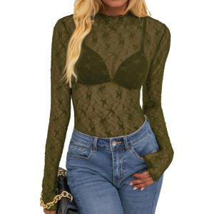 BTFBM Mesh Lace Tops Long Sleeve Shirts for Women 2026 Spring Fall See Through Crew Neck Slim Fitted Party Club Outfits(Army Green)