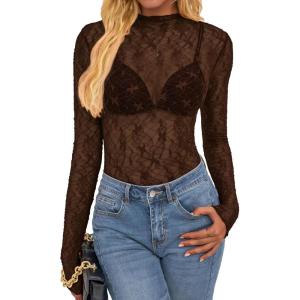 BTFBM Mesh Lace Tops Long Sleeve Shirts for Women 2026 Spring Fall See Through Crew Neck Slim Fitted Party Club Outfits(Brown)