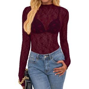 BTFBM Mesh Lace Tops Long Sleeve Shirts for Women 2026 Spring Fall See Through Crew Neck Slim Fitted Party Club Outfits(Burgundy)