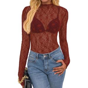 BTFBM Mesh Lace Tops Long Sleeve Shirts for Women 2026 Spring Fall See Through Crew Neck Slim Fitted Party Club Outfits(Burnt Orange)
