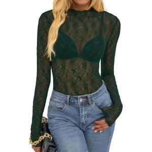 BTFBM Mesh Lace Tops Long Sleeve Shirts for Women 2026 Spring Fall See Through Crew Neck Slim Fitted Party Club Outfits(Dark Green)
