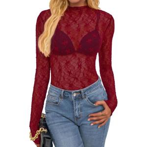 BTFBM Mesh Lace Tops Long Sleeve Shirts for Women 2026 Spring Fall See Through Crew Neck Slim Fitted Party Club Outfits(Red)