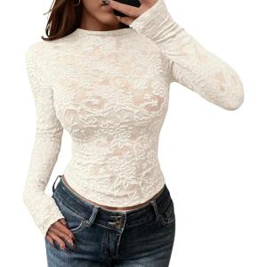 BTFBM Mesh Long Sleeve Tops for Women Lace Sexy Sheer Tight See Through Crew Neck Spring Fall 2026 Party Club Outfits(Beige)