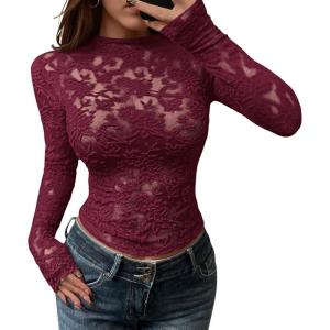 BTFBM Mesh Long Sleeve Tops for Women Lace Sexy Sheer Tight See Through Crew Neck Spring Fall 2026 Party Club Outfits(Burgundy)