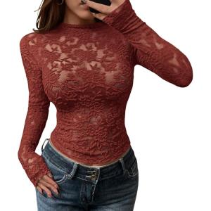 BTFBM Mesh Long Sleeve Tops for Women Lace Sexy Sheer Tight See Through Crew Neck Spring Fall 2026 Party Club Outfits(Red Brown)