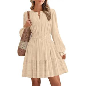 BTFBM Mini Dresses for Women 2025 Casual Lightweight Long Sleeve V Neck A Line Elastic Waist Party Holiday Dress(Apricot)