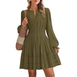 BTFBM Mini Dresses for Women 2025 Casual Lightweight Long Sleeve V Neck A Line Elastic Waist Party Holiday Dress(Army Green)