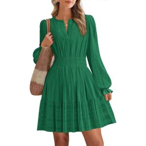 BTFBM Mini Dresses for Women 2025 Casual Lightweight Long Sleeve V Neck A Line Elastic Waist Party Holiday Dress(Dark Green)