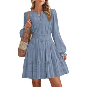 BTFBM Mini Dresses for Women 2025 Casual Lightweight Long Sleeve V Neck A Line Elastic Waist Party Holiday Dress(Dusty Blue)