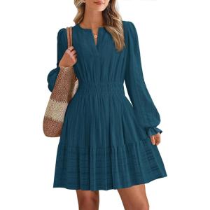 BTFBM Mini Dresses for Women 2025 Casual Lightweight Long Sleeve V Neck A Line Elastic Waist Party Holiday Dress(Lake Blue)