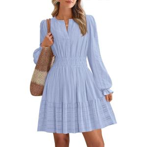 BTFBM Mini Dresses for Women 2025 Casual Lightweight Long Sleeve V Neck A Line Elastic Waist Party Holiday Dress(Light Blue)
