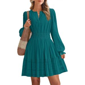BTFBM Mini Dresses for Women 2025 Casual Lightweight Long Sleeve V Neck A Line Elastic Waist Party Holiday Dress(Malachite Green)