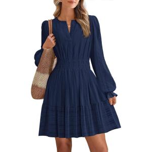 BTFBM Mini Dresses for Women 2025 Casual Lightweight Long Sleeve V Neck A Line Elastic Waist Party Holiday Dress(Navy)