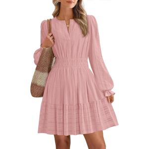 BTFBM Mini Dresses for Women 2025 Casual Lightweight Long Sleeve V Neck A Line Elastic Waist Party Holiday Dress(Pink)