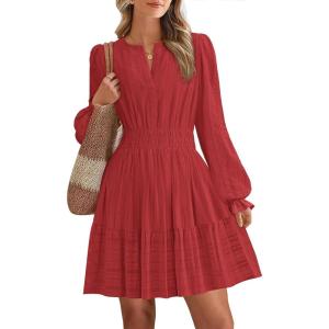 BTFBM Mini Dresses for Women 2025 Casual Lightweight Long Sleeve V Neck A Line Elastic Waist Party Holiday Dress(Red)