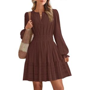 BTFBM Mini Dresses for Women 2025 Casual Lightweight Long Sleeve V Neck A Line Elastic Waist Party Holiday Dress(Red Brown)