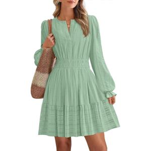 BTFBM Mini Dresses for Women 2025 Casual Lightweight Long Sleeve V Neck A Line Elastic Waist Party Holiday Dress(Sage Green)
