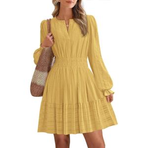 BTFBM Mini Dresses for Women 2025 Casual Lightweight Long Sleeve V Neck A Line Elastic Waist Party Holiday Dress(Yellow)