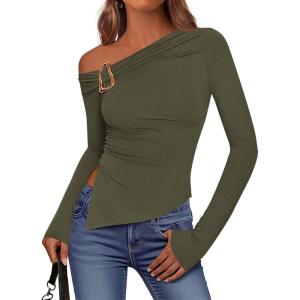 BTFBM Off The Shoulder Tops for Women Trendy 2025 Asymmetrical Long Sleeve Fitted Fall Going Out Top Y2K Clothes(Army Green)