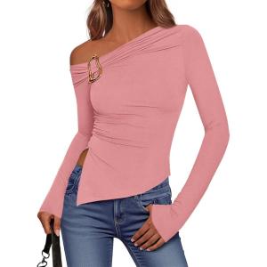 BTFBM Off The Shoulder Tops for Women Trendy 2025 Asymmetrical Long Sleeve Fitted Fall Going Out Top Y2K Clothes(Pink)