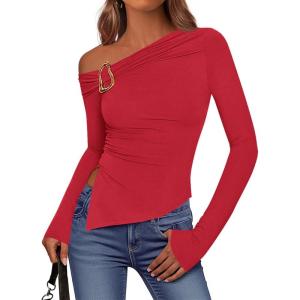 BTFBM Off The Shoulder Tops for Women Trendy 2025 Asymmetrical Long Sleeve Fitted Fall Going Out Top Y2K Clothes(Red)