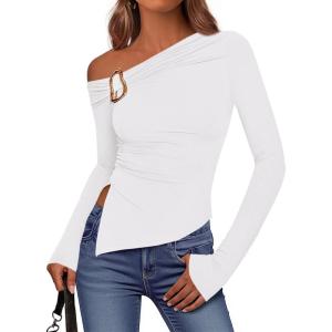 BTFBM Off The Shoulder Tops for Women Trendy 2025 Asymmetrical Long Sleeve Fitted Fall Going Out Top Y2K Clothes(White)