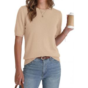 BTFBM Short Sleeve Sweater for Women Spring Tops Crew Neck Lightweight Pullover Loose Dressy Casual Blouse Basic Clothes(Apricot)