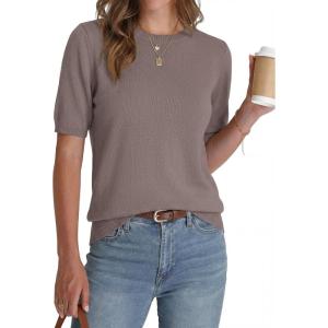 BTFBM Short Sleeve Sweater for Women Spring Tops Crew Neck Lightweight Pullover Loose Dressy Casual Blouse Basic Clothes(Apricot Khaki)