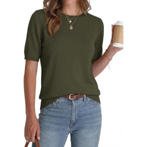 BTFBM Short Sleeve Sweater for Women Spring Tops Crew Neck Lightweight Pullover Loose Dressy Casual Blouse Basic Clothes(Army Green)