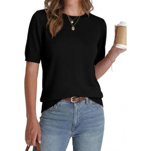 BTFBM Short Sleeve Sweater for Women Spring Tops Crew Neck Lightweight Pullover Loose Dressy Casual Blouse Basic Clothes(Black)