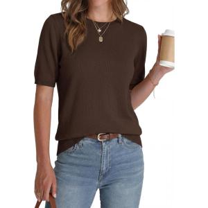 BTFBM Short Sleeve Sweater for Women Spring Tops Crew Neck Lightweight Pullover Loose Dressy Casual Blouse Basic Clothes(Brown)