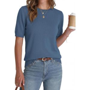 BTFBM Short Sleeve Sweater for Women Spring Tops Crew Neck Lightweight Pullover Loose Dressy Casual Blouse Basic Clothes(Grey Blue)