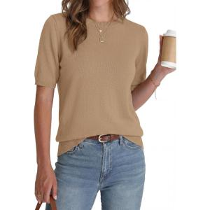 BTFBM Short Sleeve Sweater for Women Spring Tops Crew Neck Lightweight Pullover Loose Dressy Casual Blouse Basic Clothes(Khaki)