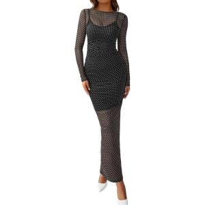 BTFBM Spring Dresses for Women 2026 2 Piece Set Long Sleeve Polka Dot Sexy Bodycon Mesh Dress and Slip Dress Wedding(Small Dot Black White)