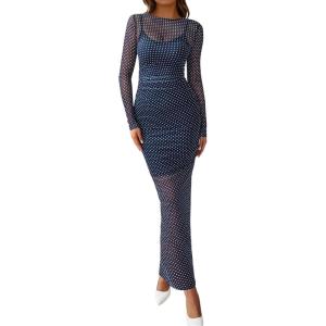 BTFBM Spring Dresses for Women 2026 2 Piece Set Long Sleeve Polka Dot Sexy Bodycon Mesh Dress and Slip Dress Wedding(Small Dot Navy White)