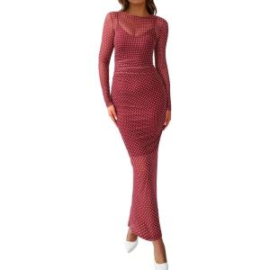 BTFBM Spring Dresses for Women 2026 2 Piece Set Long Sleeve Polka Dot Sexy Bodycon Mesh Dress and Slip Dress Wedding(Small Dot Red White)