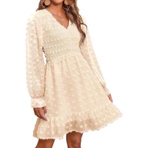 BTFBM Spring Dresses for Women 2026 Long Sleeve Casual V Neck Swiss Dot Smocked Ruffle Chiffon Flowy Mini Summer Dress(Apricot)